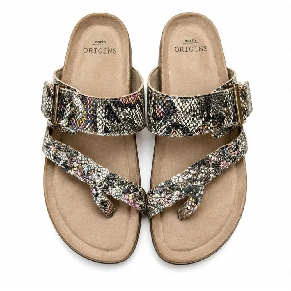 Earth Origins Snakeskin Print Comfort Thong Sandals Adjustable Buckle Women’s SZ